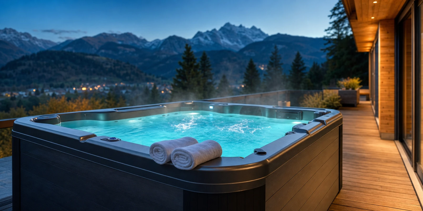 Whirlpool auf einer Holzterrasse in der Abenddämmerung mit Blick auf die Berge