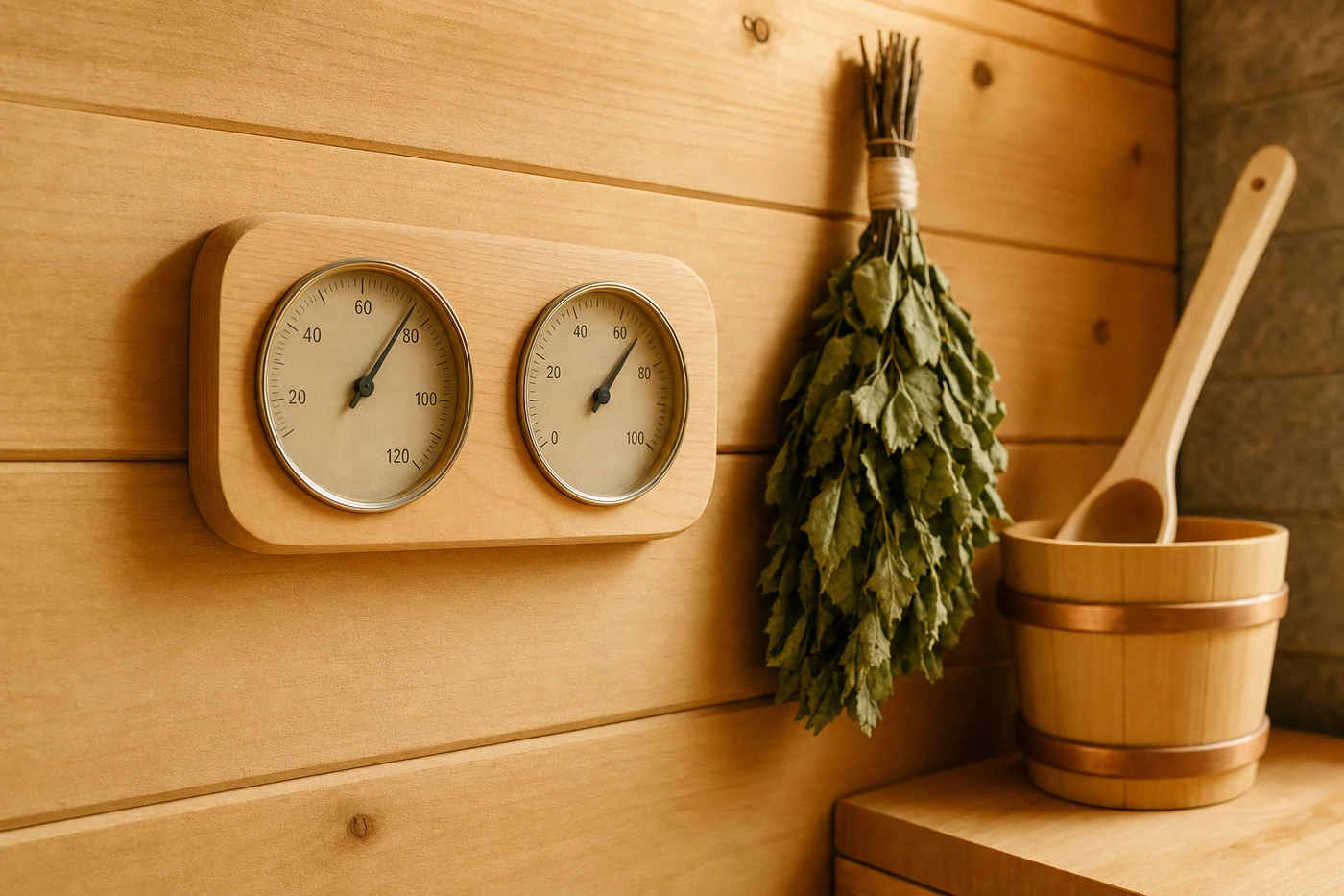 Thermometer und Hygrometer an einer Saunawand mit Kübel und Birkenquast