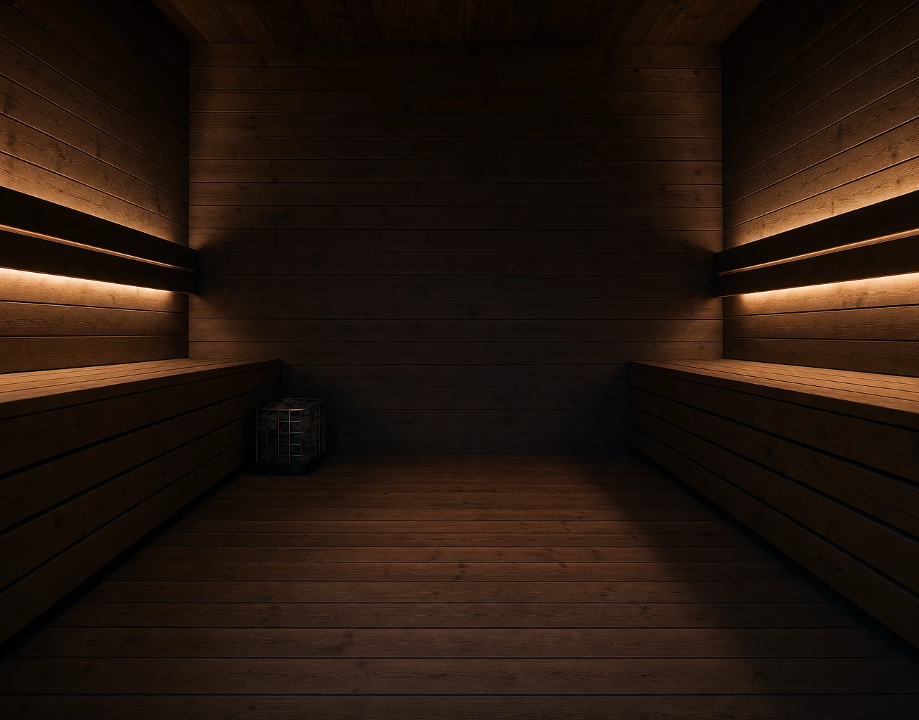 Innenraum einer finnischen Sauna mit warmem Licht und Saunaofen