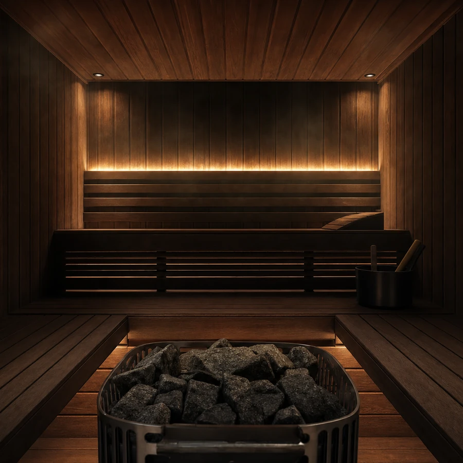 Detail einer finnischen Sauna mit Saunaofen