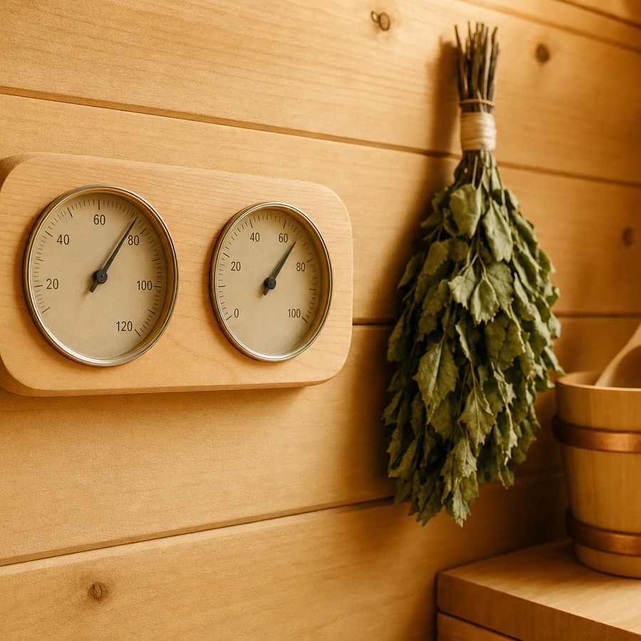 Saunazubehör aus Holz an einer Holzwand
