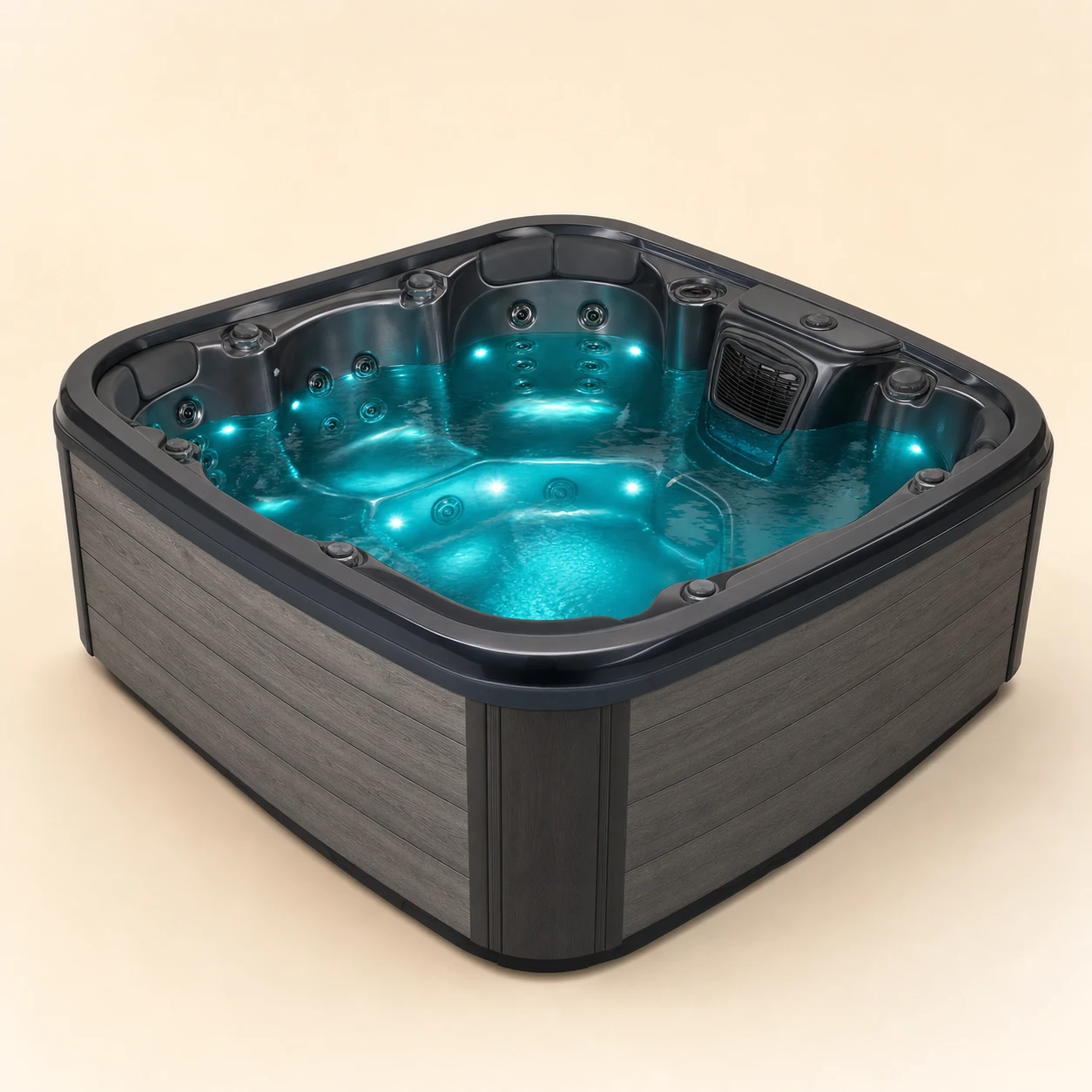 Whirlpool mit fünf Sitzplätzen und türkiser Unterwasserbeleuchtung