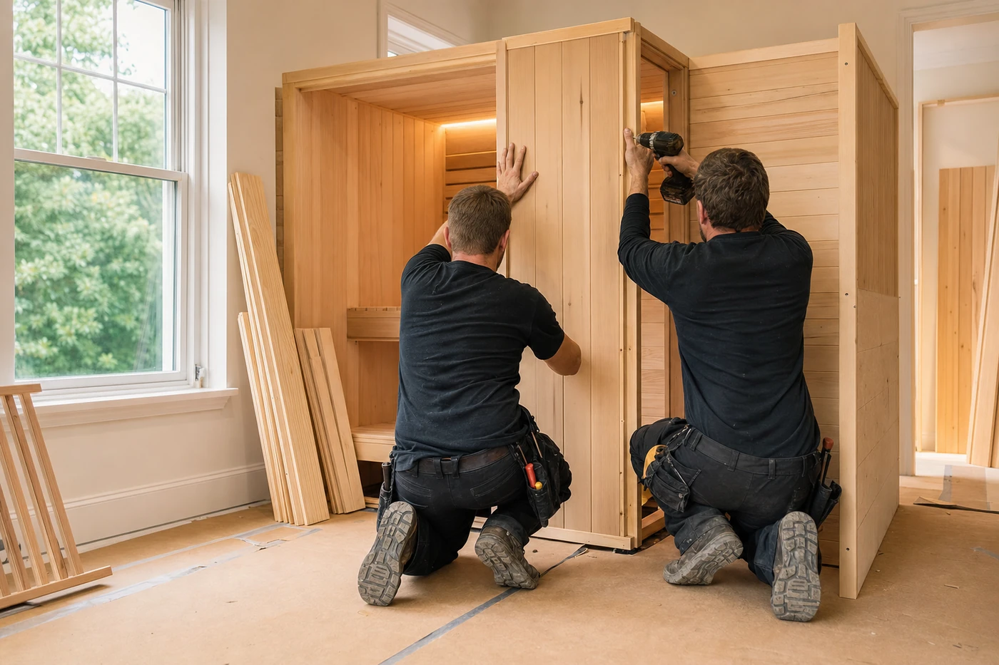 Zwei Monteure bauen eine Saunakabine in einem Wohnraum auf